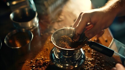 The process of making coffee step by step Man tamping freshly ground coffee beans in a portafilter on a working wooden table : Generative AI - obrazy, fototapety, plakaty