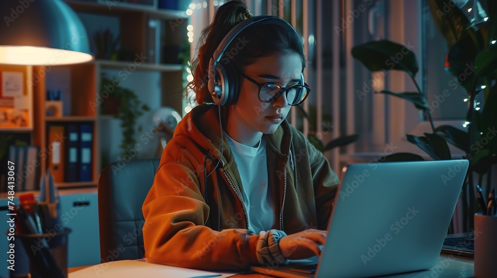 Poster Portrait of a student learning on line with headphones and laptop taking notes in a notebook sitting at her desk at home : Generative AI