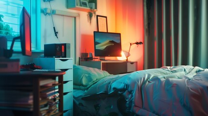 Stylish teenagers room interior with computer and bed : Generative AI