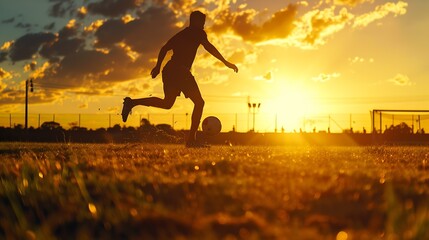 Silhouette of a soccer player on a football field at sunset Sporty man is dribbling with the ball...