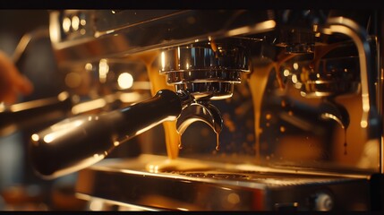 Coffee machine and men Extraction of freshly brewed espresso from a professional machine with bottomless filter in cafe shop barista making coffee with selective focus : Generative AI - obrazy, fototapety, plakaty