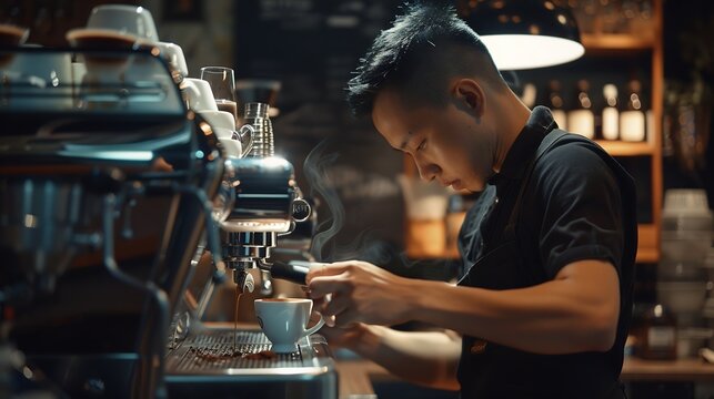 Barista makings coffee in coffee shop cappuccino making : Generative AI