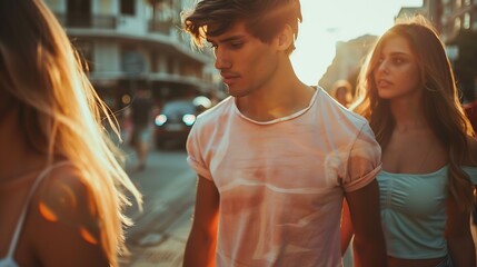 Disloyal man walking with his girlfriend and looking amazed at another seductive girl : Generative AI - obrazy, fototapety, plakaty