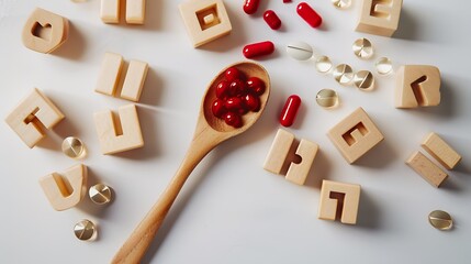 Wooden cubes with letters FE spoon and red pills on white background flat lay Anemia treatment : Generative AI - obrazy, fototapety, plakaty