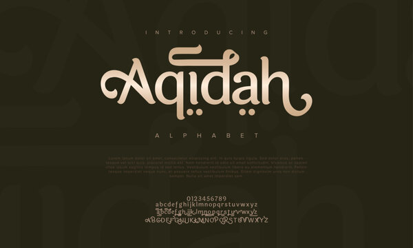 Aqidah premium luxury arabic alphabet letters and numbers. Elegant islamic  typography ramadan wedding serif font decorative vintage. Creative vector illustration