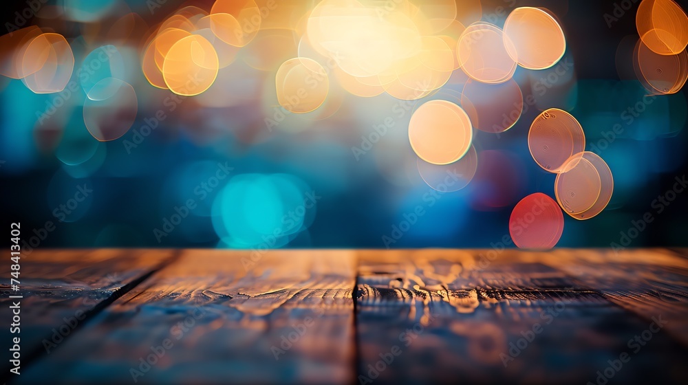 Fototapete image of wood table and blurred bokeh background with colorful lights : generative ai