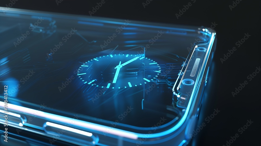 Poster transparent smartphone with time icon on a dark blue background futuristic transparent smartphone on