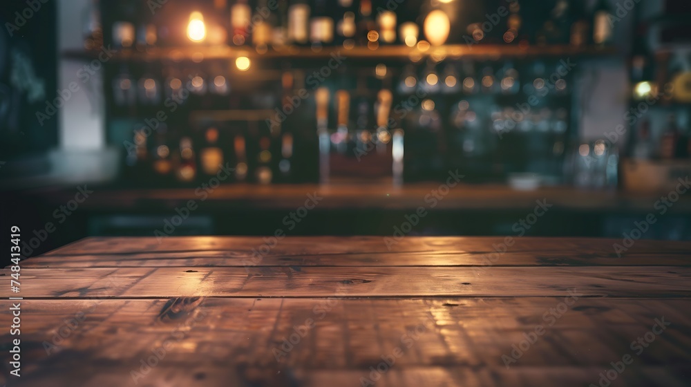 Poster Empty wooden bar counter with defocused background and bottles of restaurant bar or cafeteria background for your product display : Generative AI