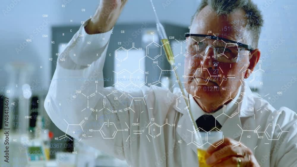 Poster Animation of scientific data processing over male caucasian scientist in laboratory