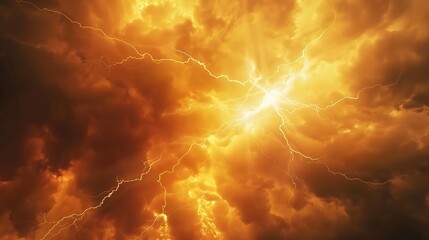 Golden sunset Evening sky with clouds Dark orange brown Fire explosion blaze lightning Dramatic skies background with space for design Awe epic majestic fantasy : Generative AI