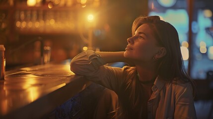 Pensive happy woman remembering looking at side sitting in a bar or home terrace : Generative AI - obrazy, fototapety, plakaty