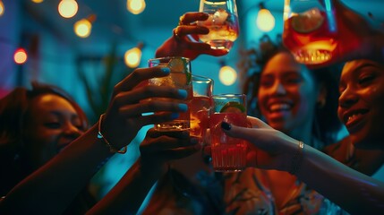 Multi ethnic friends group toasting cocktails Happy young people having fun celebrating indoor party together Multicultural students hanging out saturday night Youth and friendship con : Generative AI