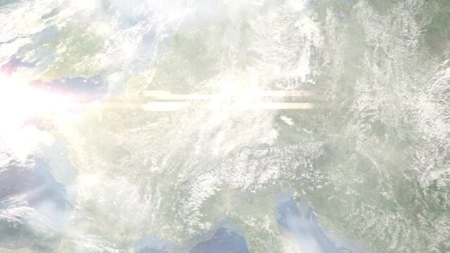 Earth zoom in from space and focus on Leonberg, Germany. 3D Animation. Satellite view. Background for travel intro. Images from NASA