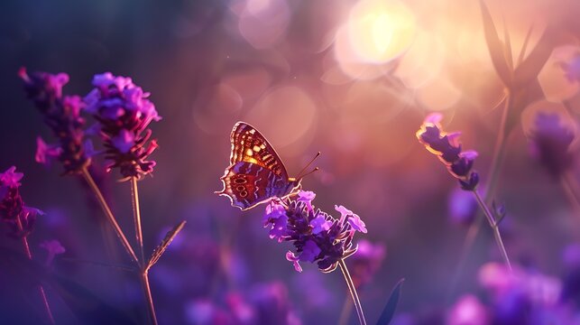 Beautiful butterfly over verbena flower Macroglossum stellatarum in nuture : Generative AI