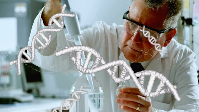 Animation of dna strands and scientific data processing over male caucasian scientist in laboratory