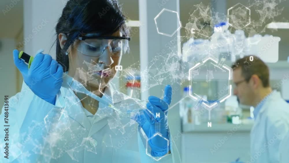 Aufkleber animation of dna strand and scientific data processing over diverse scientists in laboratory