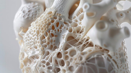 A detailed closeup of a 3D printed model of a heart showing all the intricate structures and vessels.