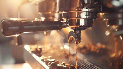 Espresso coffee machine making fresh organic coffee in restaurant or bar : Generative AI - obrazy, fototapety, plakaty