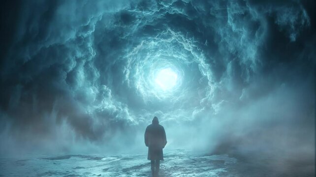 Whirl clouds with person. Seamless looping time-lapse 4k video animation background