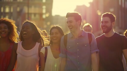 Multiracial smiling friends having fun walking on city street Happy young people laughing and socializing hanging out in a sunny day Friendship concept with guys and girls enjoying tim : Generative AI
