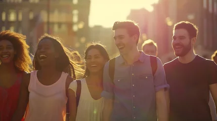 Gordijnen Multiracial smiling friends having fun walking on city street Happy young people laughing and socializing hanging out in a sunny day Friendship concept with guys and girls enjoying tim : Generative AI © Generative AI