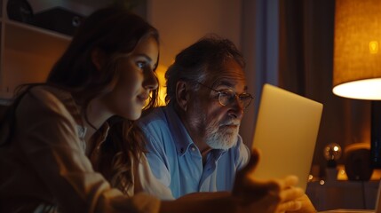 Grownup daughter and old 80s father choose goods or services via internet or web surfing together at home Younger generation caring about older relatives teaching using computer useful : Generative AI