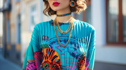 A woman wearing a midilength pleated skirt tucked in with a colorful graphic sweater and accessorized with layered gold necklaces and round retro sunglasses.