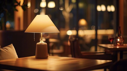 Wooden desk with lamp in hotel restaurant and romantic night : Generative AI