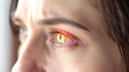 Woman checking her health condition closeup Yellow eyes as symptom of problems with liver : Generative AI