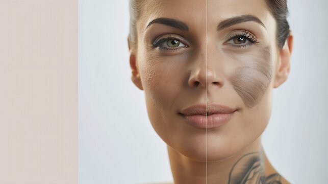 Woman before and after laser tattoo removal procedures closeup Collage with photos banner design : Generative AI