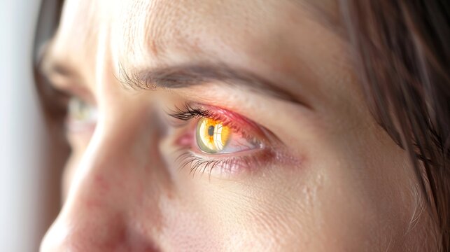 Woman checking her health condition closeup Yellow eyes as symptom of problems with liver : Generative AI