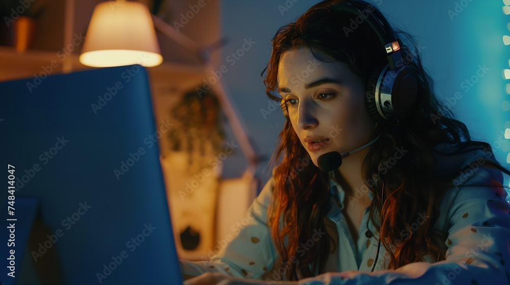 Poster beautiful freelancer female talking in a video conference on line with a headset with microphone and