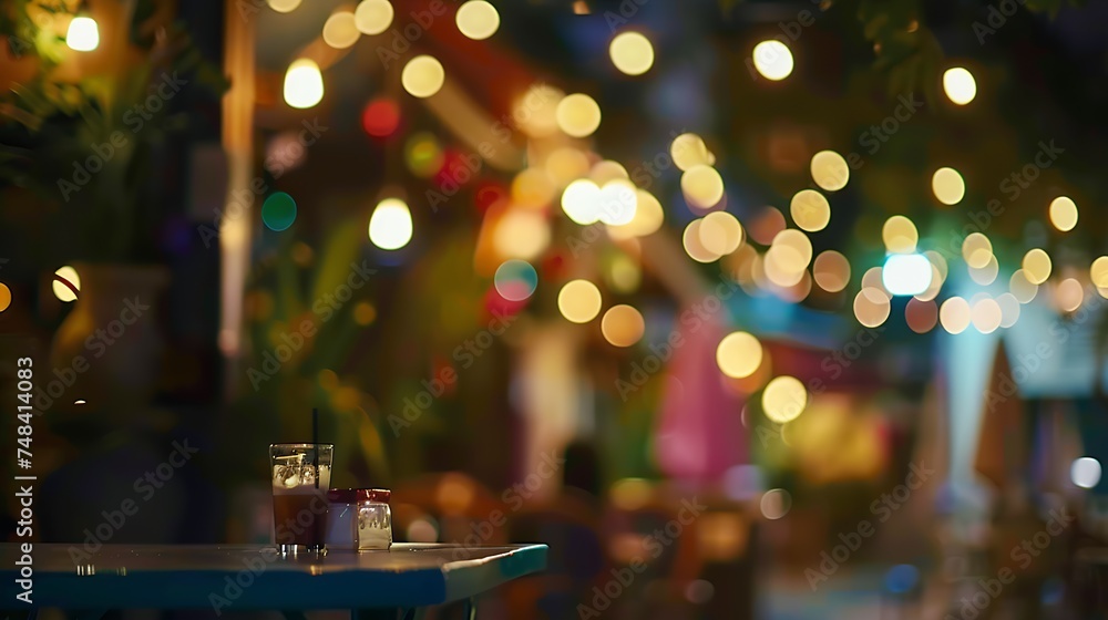 Poster blurred of coffee shop and restaurant with bokeh coloful night lights background : generative ai