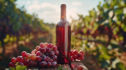 Bottle of red wine with ripe grapes on wooden table in vineyard. Generative AI. - obrazy, fototapety, plakaty
