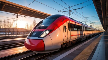 Fototapeta premium Front perspective of a high-speed train approaching a station, natural rim light. Generative AI.