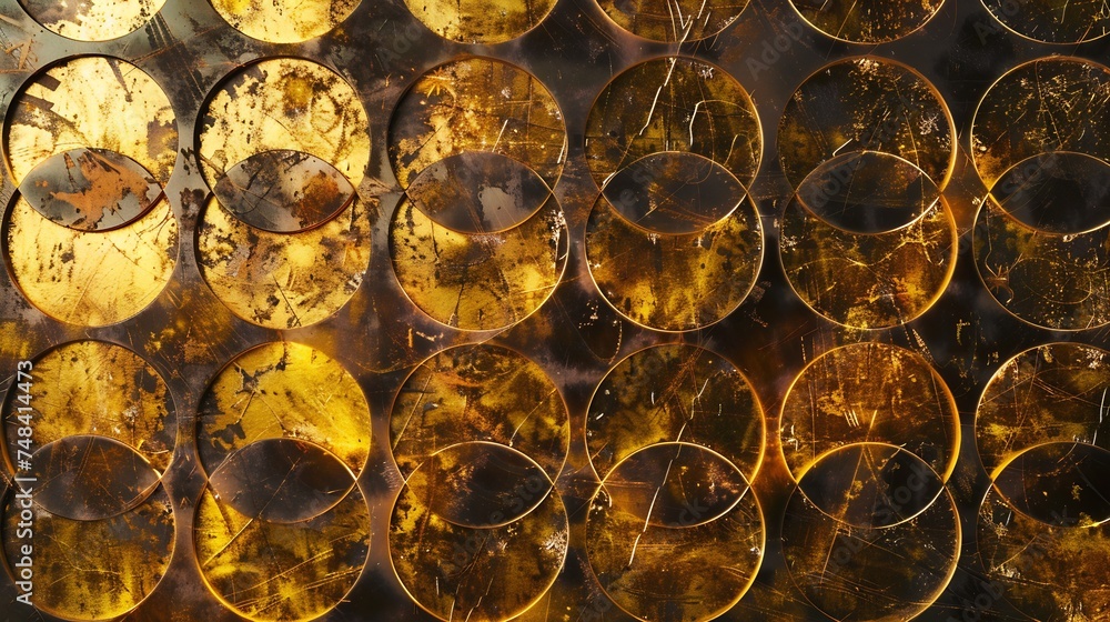 Poster background rusty metal texture brown and gold color with repeated circles grunge metal texture with 