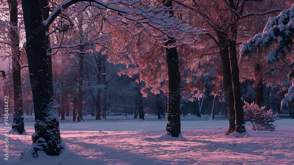 Aufkleber beautiful fairy winter trees and fir trees glow in the snowcovered forest park in the snow in the su