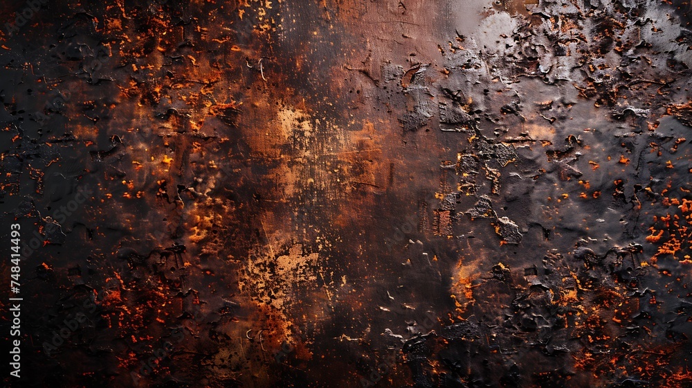 Poster Rust texture Rough rusty metal surface Black Brown Dark grunge background with space for design Closeup Web banner Wide Panoramic : Generative AI