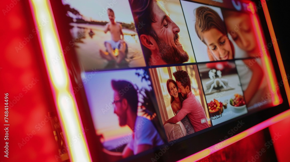 Poster the digital picture frame showing a series of candid family photos with the option to play a slidesh