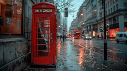 Naklejka premium The red phone booth in the sidewalk of urban street. Generative AI.