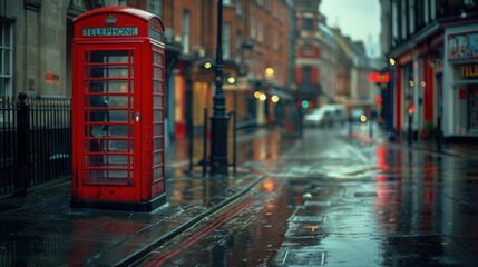 The red phone booth in the sidewalk of urban street. Generative AI.