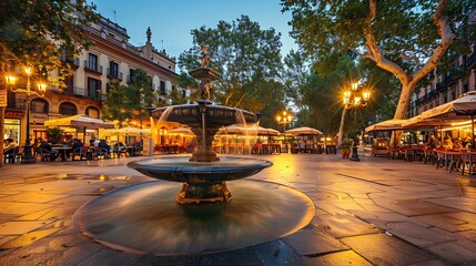 View of Placa Reial with fountain and restaurants in evening Barcelona Catalonia : Generative AI - obrazy, fototapety, plakaty