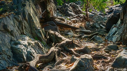 Stones and old tree roots on the ground Roots in the forest Mountain closeup Rocks background with space for design Product display National Park Krasnoyarsk Pillars Siberia : Generative AI