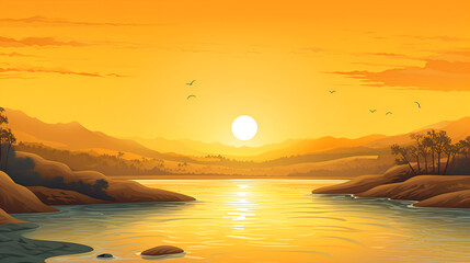 sunset over the lake peaceful serene illustration art