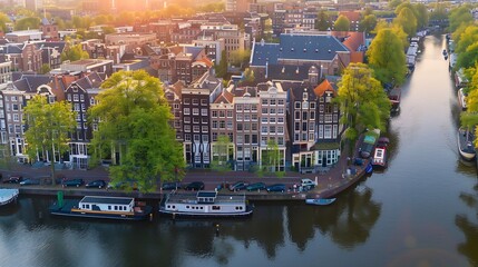 Panoramic aerial view of Amsterdam residential district along the canals The Netherlands : Generative AI - obrazy, fototapety, plakaty