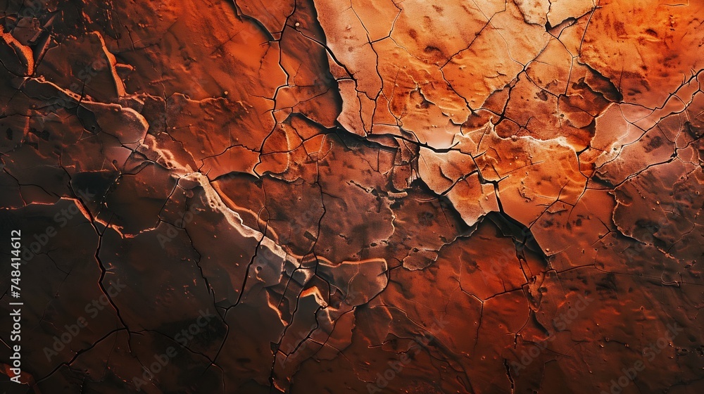 Poster Orange red brown rock texture with cracks Rough mountain surface Closeup Stone background for design Crushed broken crumbled Web banner Wide Panoramic : Generative AI
