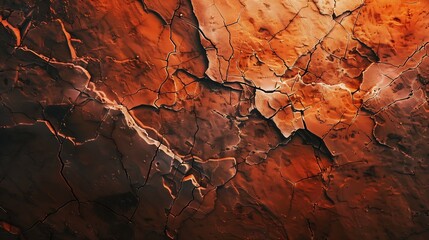 Orange red brown rock texture with cracks Rough mountain surface Closeup Stone background for design Crushed broken crumbled Web banner Wide Panoramic : Generative AI