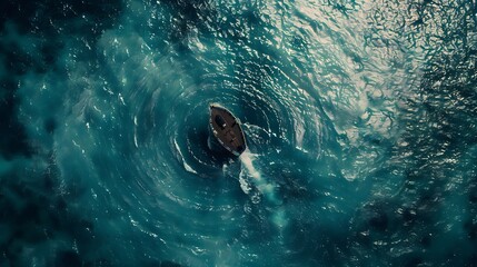 Aerial view of a boat driving in circle in the sea : Generative AI