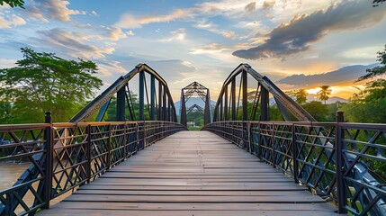 Iron bridge in Chiangmai Thailand with Beautiful sky with cloud before sunset : Generative AI