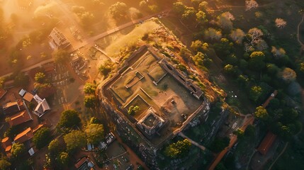 Aerial top down view of Sigiriya Rock Fortress during sunset Sri Lanka : Generative AI